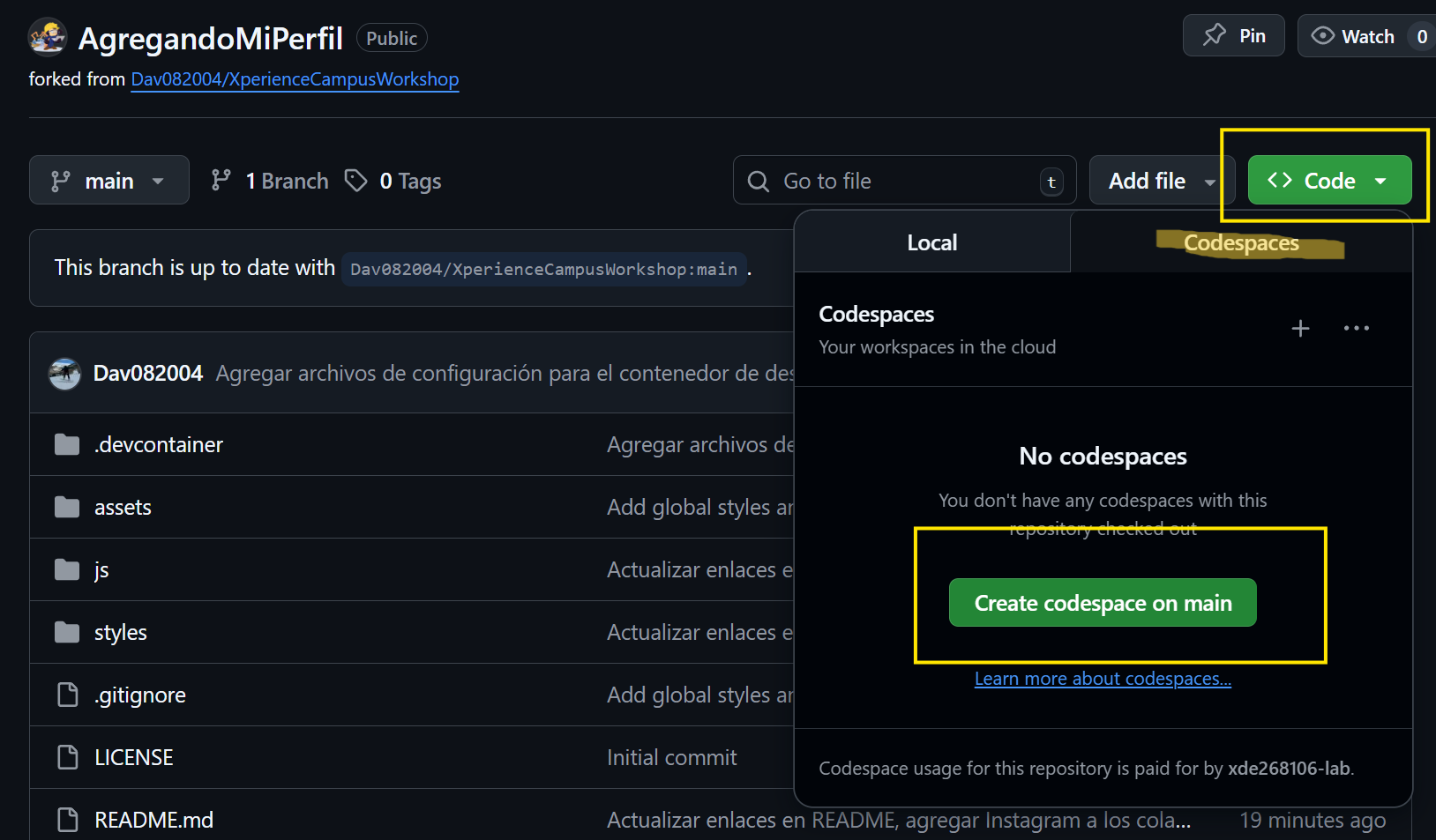 Paso 4: Crear Codespace